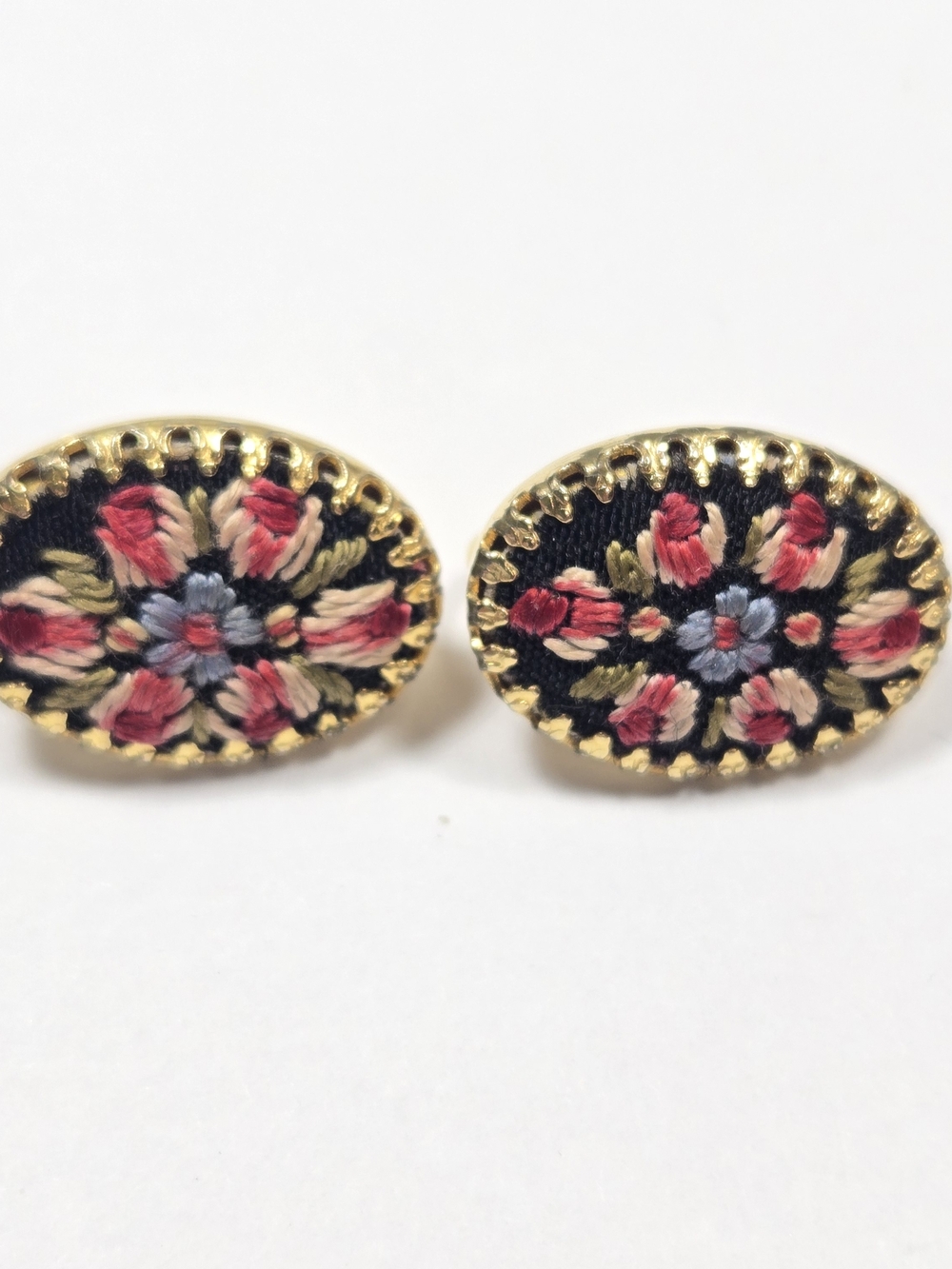 Vintage Petite Point Floral Embroidered Oval Clip On Earrings in Black and Gold - Picture 7 of 9